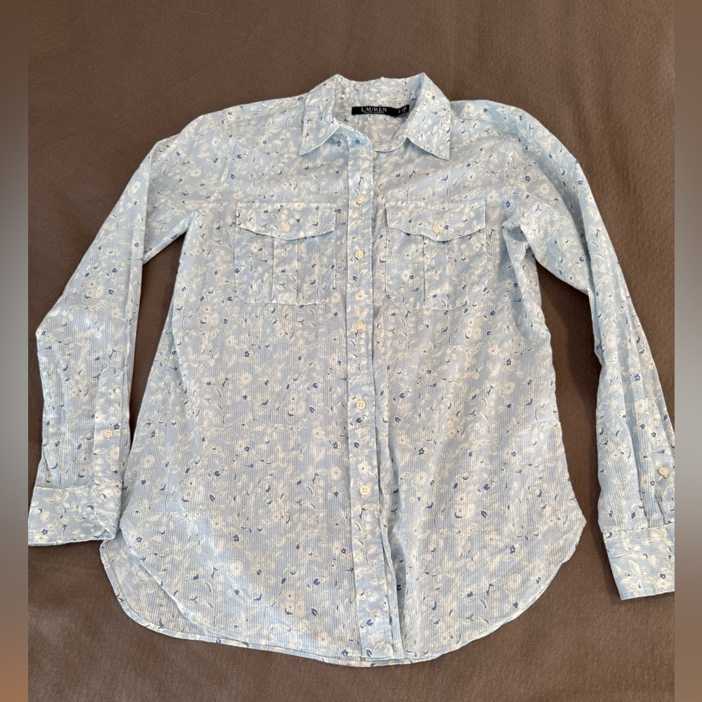 Lauren Ralph Lauren blue floral boho prairie pleated small cotton blouse top